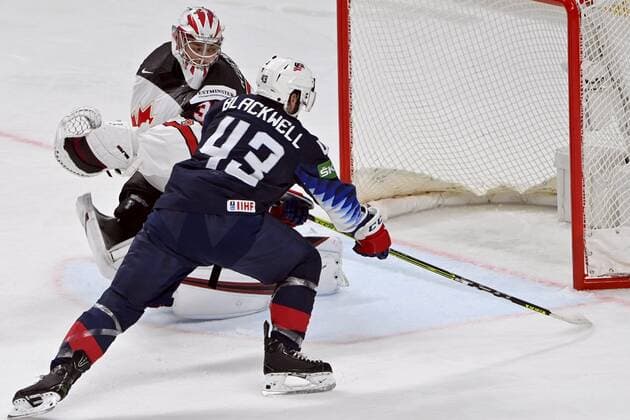 Goalkeeper Darcyn Kuemper of Canada and Colin Blackwell of USA during semi-final match USA vs. Canada at the 2021 IIHF Ice hockey, Eishockey World Championships in Riga, Latvia on Saturday, May 5, 2021. Riika, Riga Latvia LKFTJK20210605144051PJND  Copyright: xJussixNukarix
