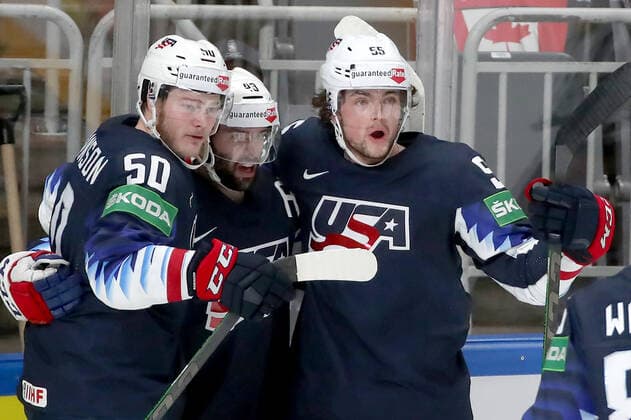 RIGA, LATVIA - JUNE 5, 2021: Eric Robinson of the USA, Colin Blackwell of the USA and Matt Hellickson (L-R) of the USA are in action in a 2021 IIHF World Championship, WM, Weltmeisterschaft semifinal match against Canada at Arena Riga. Natalia Fedosenko TASS  TS103BEA
