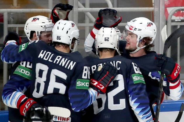 RIGA, LATVIA - JUNE 5, 2021: The USA s players celebrate scoring in a 2021 IIHF World Championship, WM, Weltmeisterschaft semifinal match against Canada at Arena Riga. Natalia Fedosenko TASS  TS103BEB