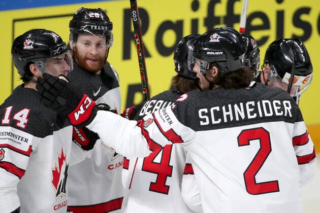 RIGA, LATVIA - JUNE 5, 2021: Canada s players celebrate scoring in a 2021 IIHF World Championship, WM, Weltmeisterschaft semifinal match against the USA at Arena Riga. Natalia Fedosenko TASS  TS103C08