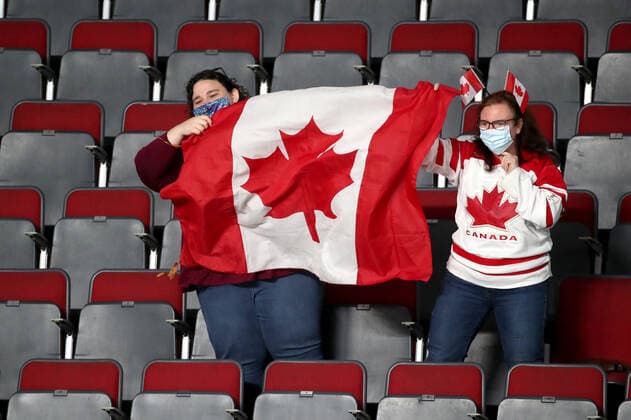 RIGA, LATVIA - JUNE 5, 2021: Canada s fans root for their team in a 2021 IIHF World Championship, WM, Weltmeisterschaft semifinal match against the USA at Arena Riga. Natalia Fedosenko TASS  TS103C0D
