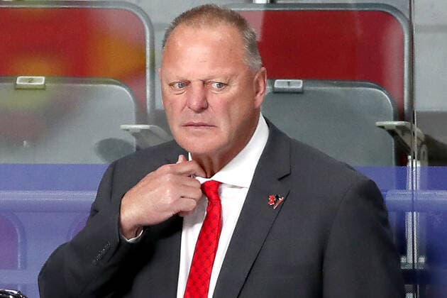 RIGA, LATVIA - JUNE 5, 2021: Gerard Gallant, head coach of the Canadian men s national Ice hockey, Eishockey team, attends a 2021 IIHF World Championship, WM, Weltmeisterschaft semifinal match against the USA at Arena Riga. Natalia Fedosenko TASS  TS103C2F