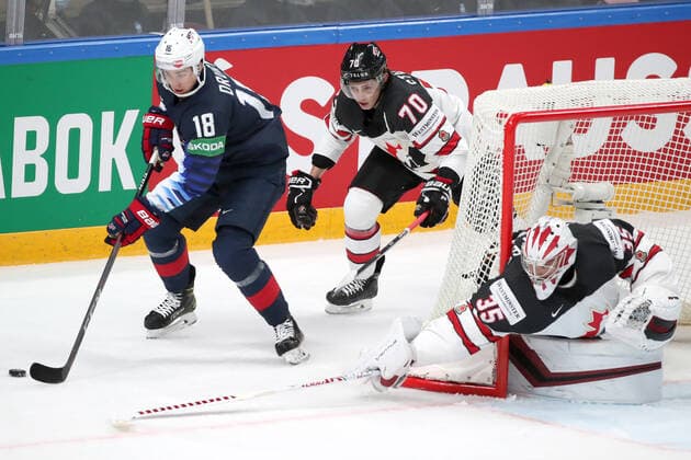 RIGA, LATVIA - JUNE 5, 2021: Jack Drury of the USA, Troy Stecher of Canada and goalie Darcy Kuemper (L-R) of Canada are in action in their 2021 IIHF World Championship, WM, Weltmeisterschaft semifinal match at Arena Riga. Natalia Fedosenko TASS  TS103C30