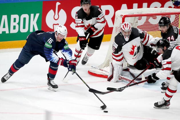 RIGA, LATVIA - JUNE 5, 2021: Ryan Donato of the USA, Jacob Bernard-Docker of Canada, goalie Darcy Kuemper of Canada and Nicolas Beaudin (L-R) of Canada are in action in their 2021 IIHF World Championship, WM, Weltmeisterschaft semifinal match at Arena Riga. Natalia Fedosenko TASS  TS103C32