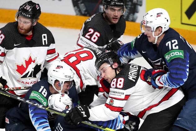 RIGA, LATVIA - JUNE 5, 2021: Canada s and the USA s players fight in their 2021 IIHF World Championship, WM, Weltmeisterschaft semifinal match at Arena Riga. Natalia Fedosenko TASS  TS103C44