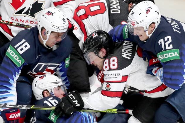 RIGA, LATVIA - JUNE 5, 2021: Canada s and the USA s players fight in their 2021 IIHF World Championship, WM, Weltmeisterschaft semifinal match at Arena Riga. Natalia Fedosenko TASS  TS103C45