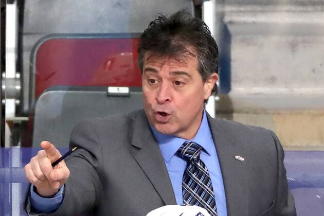 RIGA, LATVIA - JUNE 5, 2021: Jack Capuano, head coach of the US men s national Ice hockey, Eishockey team, attends a 2021 IIHF World Championship, WM, Weltmeisterschaft semifinal match against Canada at Arena Riga. Natalia Fedosenko TASS  TS103C46