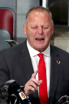 RIGA, LATVIA - JUNE 5, 2021: Gerard Gallant, head coach of the Canadian men s national Ice hockey, Eishockey team, attends a 2021 IIHF World Championship, WM, Weltmeisterschaft semifinal match against the USA at Arena Riga. Natalia Fedosenko TASS  TS103C48