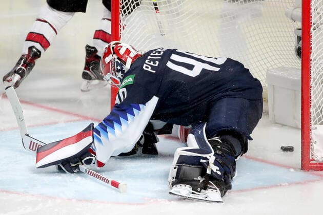 RIGA, LATVIA - JUNE 5, 2021: Goalie Calvin Cal Petersen of the USA concedes a goal in a 2021 IIHF World Championship, WM, Weltmeisterschaft semifinal match against Canada at Arena Riga. Natalia Fedosenko TASS  TS103C49