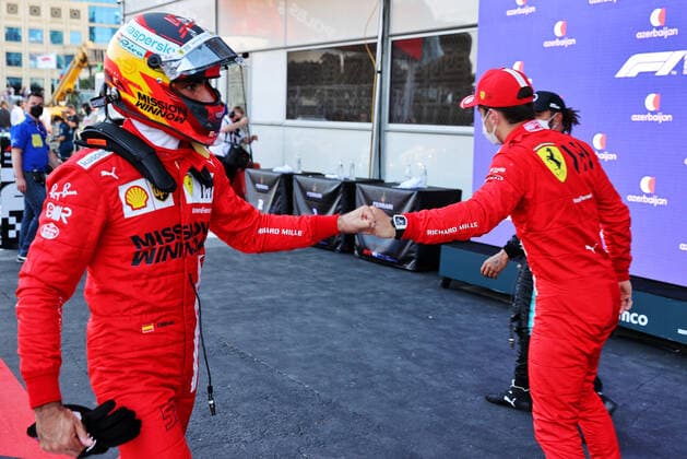 F1 Grand Prix of Azerbaijan 55 Carlos Sainz (ESP, Scuderia Ferrari Mission Winnow), 16 Charles Leclerc (MON, Scuderia Ferrari Mission Winnow), F1 Grand Prix of Azerbaijan at Baku City Circuit on June 5, 2021 in Baku, Azerbaijan. (Photo by xpbimages.com XPB Images FIA Pool via HOCH ZWEI) Baku Azerbaijan Poolfoto HOCH ZWEI Pool XPB Images ,EDITORIAL USE ONLY