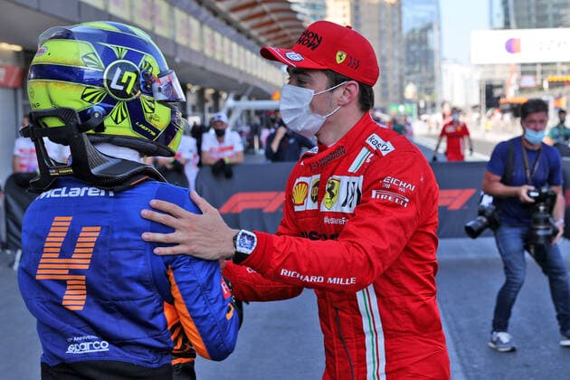 F1 Grand Prix of Azerbaijan 4 Lando Norris (GBR, McLaren F1 Team), 16 Charles Leclerc (MON, Scuderia Ferrari Mission Winnow), F1 Grand Prix of Azerbaijan at Baku City Circuit on June 5, 2021 in Baku, Azerbaijan. (Photo by xpbimages.com XPB Images FIA Pool via HOCH ZWEI) Baku Azerbaijan Poolfoto HOCH ZWEI Pool XPB Images ,EDITORIAL USE ONLY