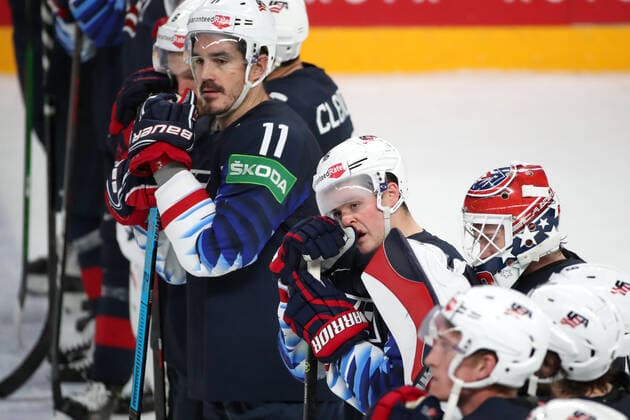 RIGA, LATVIA - JUNE 5, 2021: Brian Boyle (11) and Ryan Donato (C) of the USA and their teammates react to defeat in a 2021 IIHF World Championship, WM, Weltmeisterschaft semifinal Ice hockey, Eishockey match against Canada at Arena Riga. Canada won 4-2. Natalia Fedosenko TASS  TS103C86