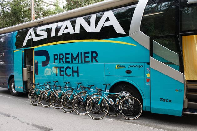 February 19, 2021, Biot, SUD, France: Bicycles of the Astana - Premier Tech team seen placed along the team bus before the start of the first stage of the Tour des Alpes-Maritimes et du Var..The 53rd edition of the Tour des Alpes-Maritimes et du Var Nice-Matin (2.1) between Biot and Gourdon (Alpes-Maritimes) takes place from February 19 to February 21, 2021. The first stage between Biot and Gourdon (Alpes-Maritimes) is 183,9 kilometers long. The winner of this first stage is the Dutchman Bauke Mollema, (Team Trek Segafredo). The winner of the final general classification is the Italian Gianluca Brambilla Biot France - ZUMAs197 20210219_zaa_s197_344 Copyright: xLaurentxCoustx