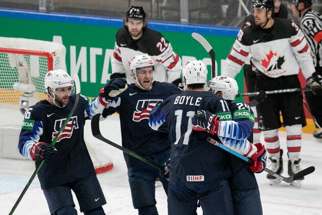 Eishockey, WM, Halbfinale, USA - Kanada Boyle (USA) team celebration during World Championship, WM, Weltmeisterschaft 2021 - Semi Finals - USA vs Canada, Ice hockey, Eishockey in Riga, Latvia, June 05 2021  Copyright: xLiveMedia AndreaxRex xIPAx xLiveMediax 0