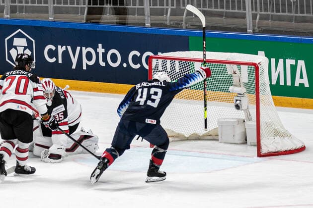 Eishockey, WM, Halbfinale, USA - Kanada June 5, 2021, Riga, Latvia: Riga, Latvia, Arena Riga, June 05, 2021, Goal by Blackwell (USA) during World Championship, WM, Weltmeisterschaft 2021 - Semi Finals - USA vs Canada - Ice hockey, Eishockey Ice Hockey - World Championship 2021 - Semi Finals - USA vs Canada, riga, Latvia  - ZUMAl164 20210605_zsa_l164_081 Copyright: xAndreaxRex