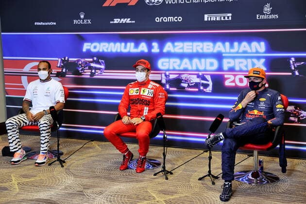 F1 Grand Prix of Azerbaijan 44 Lewis Hamilton (GBR, Mercedes-AMG Petronas F1 Team), 16 Charles Leclerc (MON, Scuderia Ferrari Mission Winnow), 33 Max Verstappen (NED, Red Bull Racing), F1 Grand Prix of Azerbaijan at Baku City Circuit on June 5, 2021 in Baku, Azerbaijan. (Photo by xpbimages.com XPB Images FIA Pool via HOCH ZWEI) Baku Azerbaijan Poolfoto HOCH ZWEI Pool XPB Images ,EDITORIAL USE ONLY