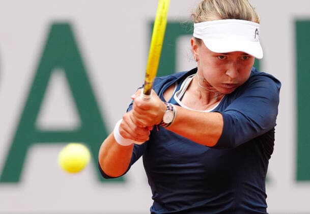 (210605) -- PARIS, June 5, 2021 -- Barbora Krejcikova of the Czech Republic returns the ball during the women s singles third round match between Elina Svitolina of Ukraine and Barbora Krejcikova of the Czech Republic at the French Open tennis tournament at Roland Garros in Paris, France, June 5, 2021. ) (SP)FRANCE-PARIS-TENNIS-ROLAND GARROS-FRENCH OPEN-WOMEN S SINGLES GaoxJing 