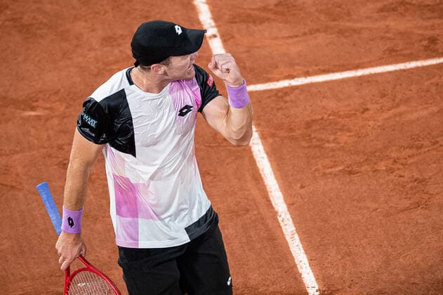 (210606) -- PARIS, June 6, 2021 -- Dominik Koepfer of Germany celebrates during the men s singles third round match between Roger Federer of Switzerland and Dominik Koepfer of Germany at the French Open tennis tournament at Roland Garros in Paris, France, June 5, 2021. (Photo by Xinhua) (SP)FRANCE-PARIS-TENNIS-ROLAND GARROS-FRENCH OPEN-MEN S SINGLES AurelienxMorissard 