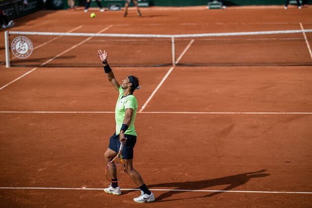 (210606) -- PARIS, June 6, 2021 -- Rafael Nadal serves during the men s singles third round match between Rafael Nadal of Spain and Cameron Norrie of Britain at the French Open tennis tournament at Roland Garros in Paris, France, June 5, 2021. (Photo by Xinhua) (SP)FRANCE-PARIS-TENNIS-ROLAND GARROS-FRENCH OPEN-MEN S SINGLES AurelienxMorissard 