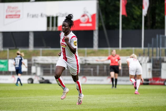 2 Frauen Fussball Bundesliga, 1 FC Koeln SG 99 Andernach 06 06 2021 Eunice Beckmann 11, 1 FC Koeln scores 1 0 cheer 2 Frauen Fussball Bundesliga, 1 FC Koeln SG 99 Andernach, Koeln, Franz Kremer Stadion DFL REGULATIONS PROHIBIT ANY USE OF PHOTOGRAPHS AS IMAGE SEQUENCES AND OR QUASI VIDEO Copyright: xBEAUTIFULxSPORTS Wunderlx
