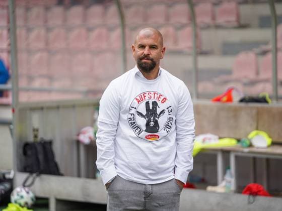 Cologne, Germany, June 6th 2021: Sascha Glass (head coach 1. FC Koeln) after the win of the 2. Womens Bundesliga match between 1. FC Koeln and SG 99 Andernach at the Franz-Kremer-Stadium in Cologne, Germany. 2. Womens Bundesliga South - 1. FC K?ln v SG 99 Andernach 