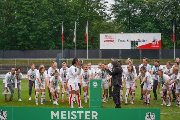 Cologne, Germany, June 6th 2021: 1. FC Koeln after winning the 2. Womens Bundesliga South trophy at the Franz-Kremer-Stadium in Cologne, Germany. 2. Womens Bundesliga South - 1. FC K?ln v SG 99 Andernach 
