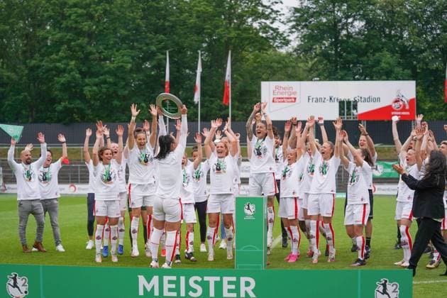 Cologne, Germany, June 6th 2021: 1. FC Koeln after winning the 2. Womens Bundesliga South trophy at the Franz-Kremer-Stadium in Cologne, Germany. 2. Womens Bundesliga South - 1. FC K?ln v SG 99 Andernach 