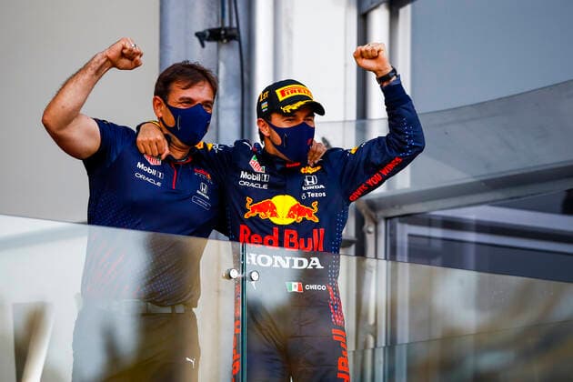 Podium, PEREZ Sergio (mex), Red Bull Racing Honda RB16B, portrait during the Formula 1 Azerbaijan Grand Prix 2021 from June 04 to 06, 2021 on the Baku City Circuit, in Baku, Azerbaijan - FORMULE 1 : Grand Prix d Azerbaidjan - Bakou - 06 06 2021 DPPI PANORAMIC  _B2_8370