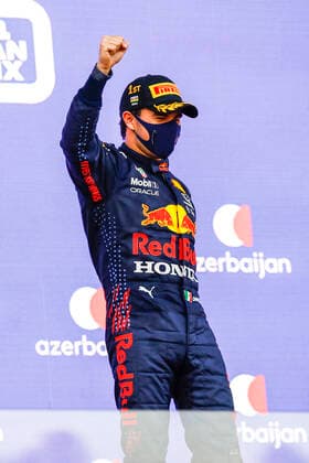 PEREZ Sergio (mex), Red Bull Racing Honda RB16B, portrait celebrating his victory at the podium during the Formula 1 Azerbaijan Grand Prix 2021 from June 04 to 06, 2021 on the Baku City Circuit, in Baku, Azerbaijan - FORMULE 1 : Grand Prix d Azerbaidjan - Bakou - 06 06 2021 DPPI PANORAMIC  00121012__B2_8385