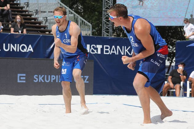 Ondrej Perusic, left, and David Schweiner of Czech Republic react during the Ostrava Beach Open 2021 tournament, part of the Beach volleyball, Beachvolleyball World Tour match Ondrej Perusic David Schweiner of Czech Republic vs Robin Seidl Philipp Wallter of Austria in Ostrava, Czech Republic, June 5, 2021. (CTKxPhoto PetrxSznapka) CTKPhotoP2021060502351  SZN 11