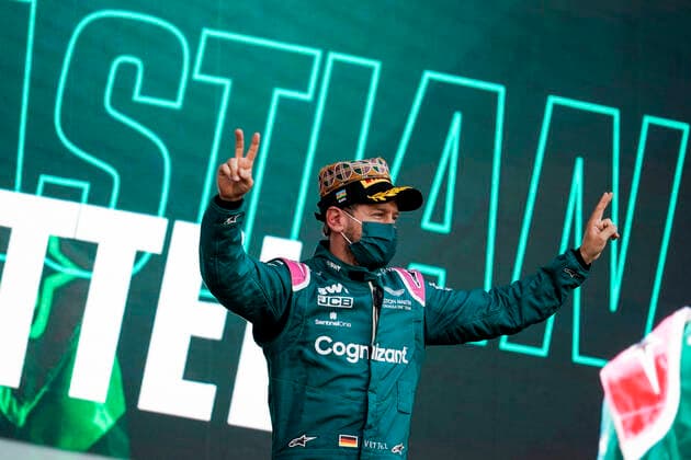 June 6, 2021, Baku, Azerbaijan: SEBASTIAN VETTEL of Germany and Aston Martin F1 Team is seen on the podium after finishing second in the 2021 FIA Formula 1 Azerbaijan Grand Prix at Baku City Circuit in Baku, Azerbaijan. Baku Azerbaijan - ZUMAg147 20210606_zap_g147_087 Copyright: xJamesxGasperottix