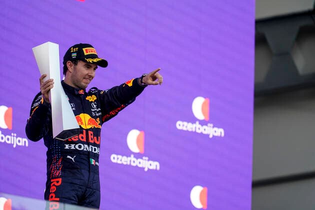 June 6, 2021, Baku, Azerbaijan: SERGIO PEREZ of Mexico and Red Bull Racing is seen on the podium after winning the 2021 FIA Formula 1 Azerbaijan Grand Prix at Baku City Circuit in Baku, Azerbaijan. Baku Azerbaijan - ZUMAg147 20210606_zap_g147_094 Copyright: xJamesxGasperottix
