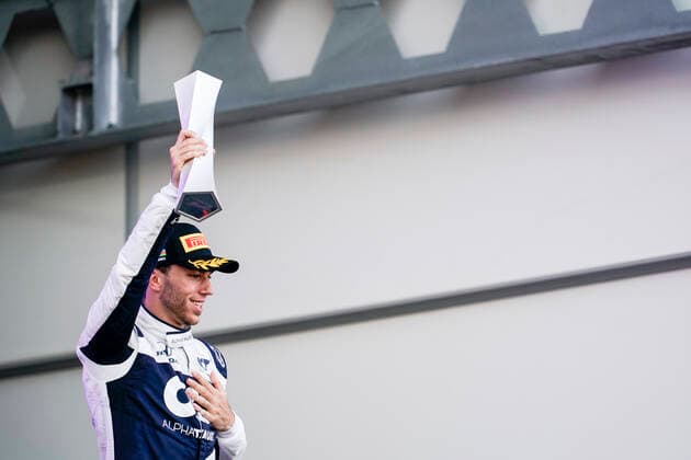 June 6, 2021, Baku, Azerbaijan: PIERRE GASLY of France and Scuderia AlphaTauri is seen on the podium after finishing third in the 2021 FIA Formula 1 Azerbaijan Grand Prix at Baku City Circuit in Baku, Azerbaijan. Baku Azerbaijan - ZUMAg147 20210606_zap_g147_098 Copyright: xJamesxGasperottix