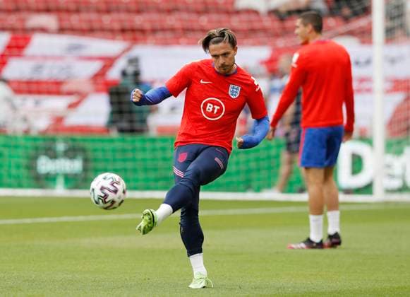 Middlesbrough, England, 6th June 2021. Jack Grealish of England warms up during the International Friendly, Länderspiel, Nationalmannschaft match at the Riverside Stadium, Middlesbrough. Picture credit should read: Darren Staples Sportimage EDITORIAL USE ONLY. No use with unauthorised audio, video, data, fixture lists, club league logos or live services. Online in-match use limited to 120 images, no video emulation. No use in betting, games or single club league player publications. SPI-1079-0014