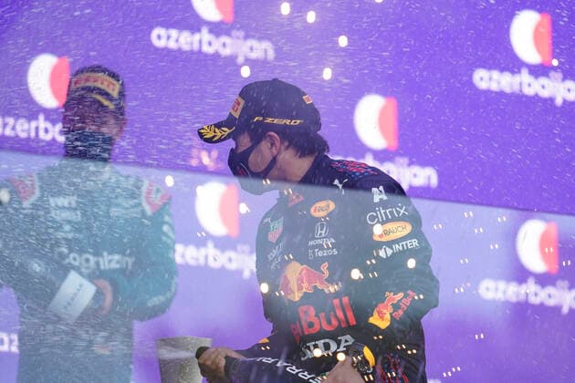 June 6, 2021, Baku, Azerbaijan: SERGIO PEREZ of Mexico and Red Bull Racing is seen on the podium after winning the 2021 FIA Formula 1 Azerbaijan Grand Prix at Baku City Circuit in Baku, Azerbaijan. Baku Azerbaijan - ZUMAg147 20210606_zap_g147_100 Copyright: xJamesxGasperottix