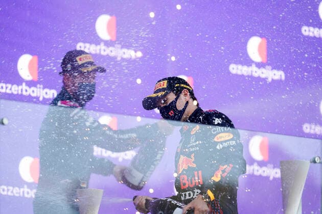 June 6, 2021, Baku, Azerbaijan: SERGIO PEREZ of Mexico and Red Bull Racing is seen on the podium after winning the 2021 FIA Formula 1 Azerbaijan Grand Prix at Baku City Circuit in Baku, Azerbaijan. Baku Azerbaijan - ZUMAg147 20210606_zap_g147_101 Copyright: xJamesxGasperottix