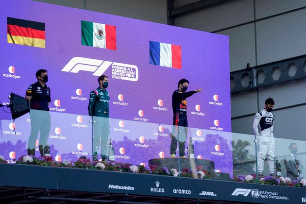 June 6, 2021, Baku, Azerbaijan: SEBASTIAN VETTEL of Germany and Aston Martin F1 Team, SERGIO PEREZ of Mexico and Red Bull Racing and PIERRE GASLY of France and Scuderia AlphaTauri are seen on the podium after the 2021 FIA Formula 1 Azerbaijan Grand Prix at Baku City Circuit in Baku, Azerbaijan. Baku Azerbaijan - ZUMAg147 20210606_zap_g147_089 Copyright: xJamesxGasperottix