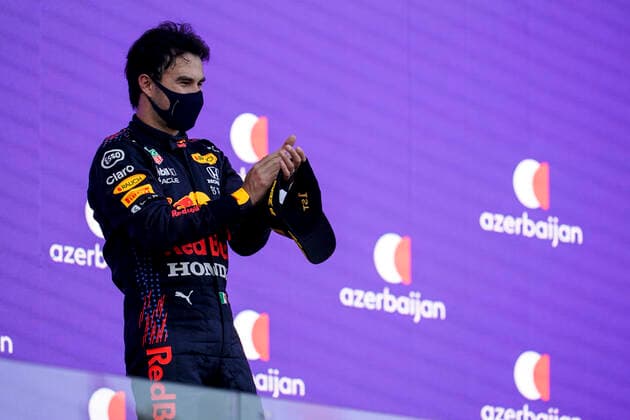 June 6, 2021, Baku, Azerbaijan: SERGIO PEREZ of Mexico and Red Bull Racing is seen on the podium after winning the 2021 FIA Formula 1 Azerbaijan Grand Prix at Baku City Circuit in Baku, Azerbaijan. Baku Azerbaijan - ZUMAg147 20210606_zap_g147_091 Copyright: xJamesxGasperottix
