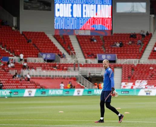 Middlesbrough, England, 6th June 2021. Aaron Ramsdale of England warms up during the International Friendly, Länderspiel, Nationalmannschaft match at the Riverside Stadium, Middlesbrough. Picture credit should read: Darren Staples Sportimage EDITORIAL USE ONLY. No use with unauthorised audio, video, data, fixture lists, club league logos or live services. Online in-match use limited to 120 images, no video emulation. No use in betting, games or single club league player publications. SPI-1079-0018