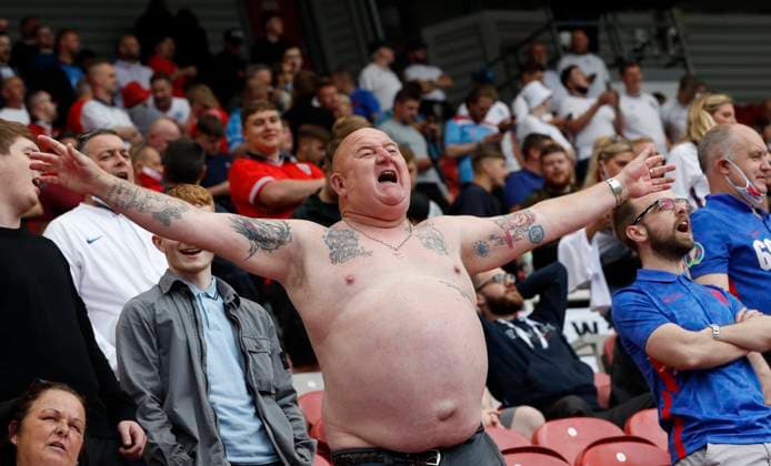 Middlesbrough, England, 6th June 2021. An England fan during the International Friendly, Länderspiel, Nationalmannschaft match at the Riverside Stadium, Middlesbrough. Picture credit should read: Darren Staples Sportimage EDITORIAL USE ONLY. No use with unauthorised audio, video, data, fixture lists, club league logos or live services. Online in-match use limited to 120 images, no video emulation. No use in betting, games or single club league player publications. SPI-1079-0021