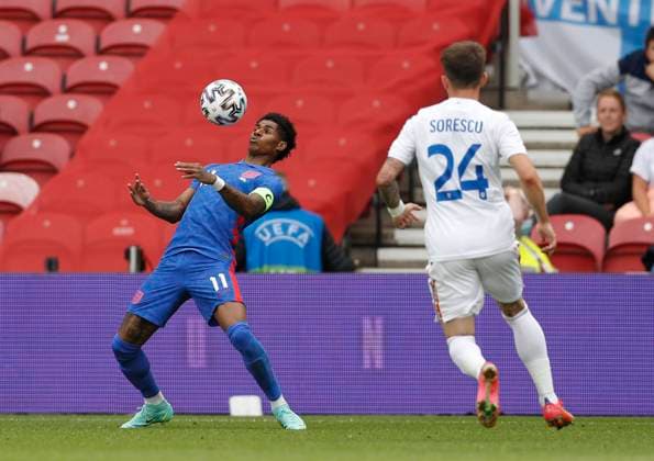 Middlesbrough, England, 6th June 2021. Marcus Rashford of England chests the ball under control during the International Friendly, Länderspiel, Nationalmannschaft match at the Riverside Stadium, Middlesbrough. Picture credit should read: Darren Staples Sportimage EDITORIAL USE ONLY. No use with unauthorised audio, video, data, fixture lists, club league logos or live services. Online in-match use limited to 120 images, no video emulation. No use in betting, games or single club league player publications. SPI-1079-0026