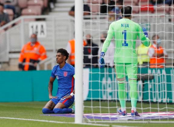 Middlesbrough, England, 6th June 2021. Marcus Rashford of England reacts to missing a chance to score during the International Friendly, Länderspiel, Nationalmannschaft match at the Riverside Stadium, Middlesbrough. Picture credit should read: Darren Staples Sportimage EDITORIAL USE ONLY. No use with unauthorised audio, video, data, fixture lists, club league logos or live services. Online in-match use limited to 120 images, no video emulation. No use in betting, games or single club league player publications. SPI-1079-0030