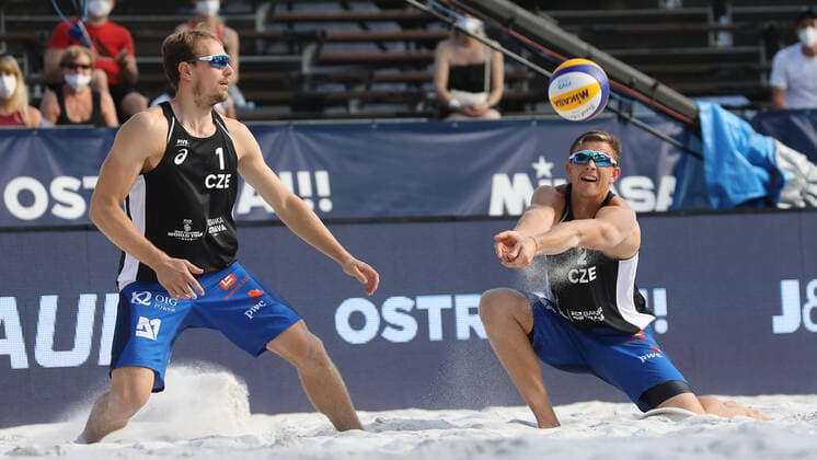 Ondrej Perusic, left, and David Schweiner in action during the Ostrava Beach Open 2021 tournament, part of the Beach volleyball, Beachvolleyball World Tour match Ondrej Perusic David Schweiner of Czech Republic vs Robert Meeuwsen Alexander Brouwer of Netherlands in Ostrava, Czech Republic, June 6, 2021. (CTKxPhoto PetrxSznapka) CTKPhotoP2021060605293  SZN 32
