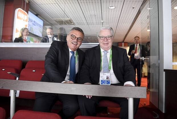 President of the International Ice hockey, Eishockey Federation (IIHF) Rene Fasel (left) and International Ice Hockey Federation IIHF Vice President Kalervo Kummola in the VIP stands before the 2021 IIHF Ice Hockey World Championships final Finland vs Canada in Riga, Latvia on Sunday, June 6, 2021. Riika, Riga Latvia LKFTJK20210606195940HPVM  Copyright: xJussixNukarix