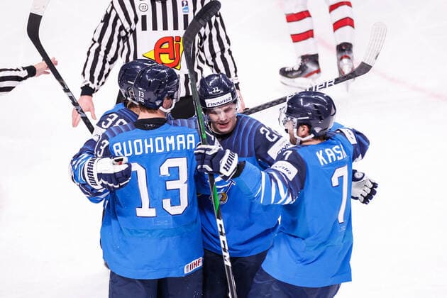 06 06 2021, Riga, Arena Riga, Final Finland Canada 2021 IIHF Ice Hockey World Championship , 13 Mikael Ruohomaa Finland, sitting on the ice celebrates his goal for the 1 0 From left 38 Teemu Turunen Finland , 13 Mikael Ruohomaa Finland , 22 Arttu Ruotsalainen Finland and 7 Oliwer Kaski Finland Riga Riga Latvia  Copyright: xJustPictures.ch JarixPestelaccix