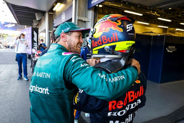 5 Sebastian Vettel GER, Aston Martin Cognizant F1 Team , 11 Sergio Perez MEX, Red Bull Racing , F1 Grand Prix of Azerbaijan at Baku City Circuit on June 6, 2021 in Baku, Azerbaijan Photo by HOCH ZWEI Baku Azerbaijan