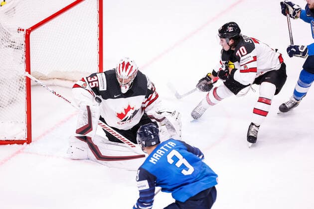 06 06 2021, Riga, Arena Riga, Final Finland Canada 2021 IIHF Ice Hockey World Championship , goalkeeper Darcy Kuemper Canada saves against 3 Olli Maatta Finland with 70 Troy Stecher Canada Riga Riga Latvia  Copyright: xJustPictures.ch JarixPestelaccix