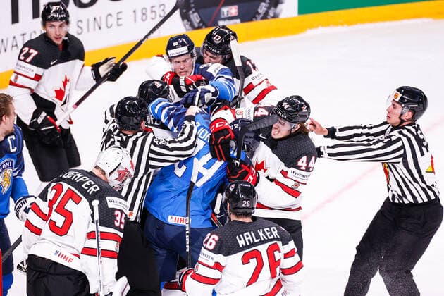 06 06 2021, Riga, Arena Riga, Final Finland Canada 2021 IIHF Ice Hockey World Championship , referees need to separate 44 Maxime Comtois Canada from 24 Hannes Bjorninen Finland and 80 Saku Maenalanen Finland Riga Riga Latvia  Copyright: xJustPictures.ch JarixPestelaccix