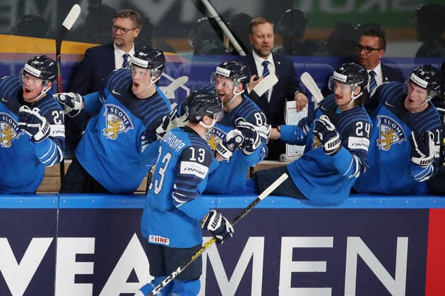 RIGA, LATVIA - JUNE 6, 2021: Finnish players celebrate a goal scored against Canada in their 2021 IIHF World Championship, WM, Weltmeisterschaft Final Ice hockey, Eishockey match at Arena Riga. Natalia Fedosenko TASS  TS103E7A