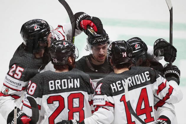 RIGA, LATVIA - JUNE 6, 2021: Canadian players celebrate a goal scored against Finland in their 2021 IIHF World Championship, WM, Weltmeisterschaft Final Ice hockey, Eishockey match at Arena Riga. Natalia Fedosenko TASS  TS103E84